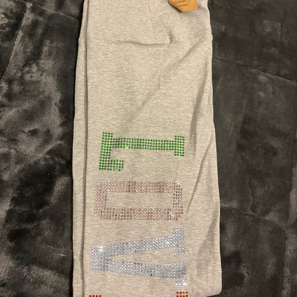 Gray Leggings with Colorful Rhinestone Lettering